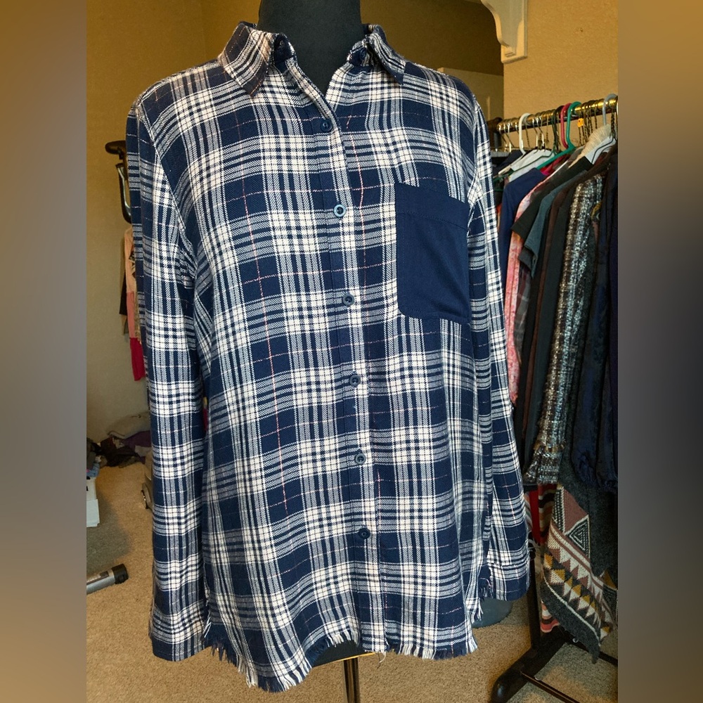 Dear John plaid flannel oversized button down, size small with rose gold threads